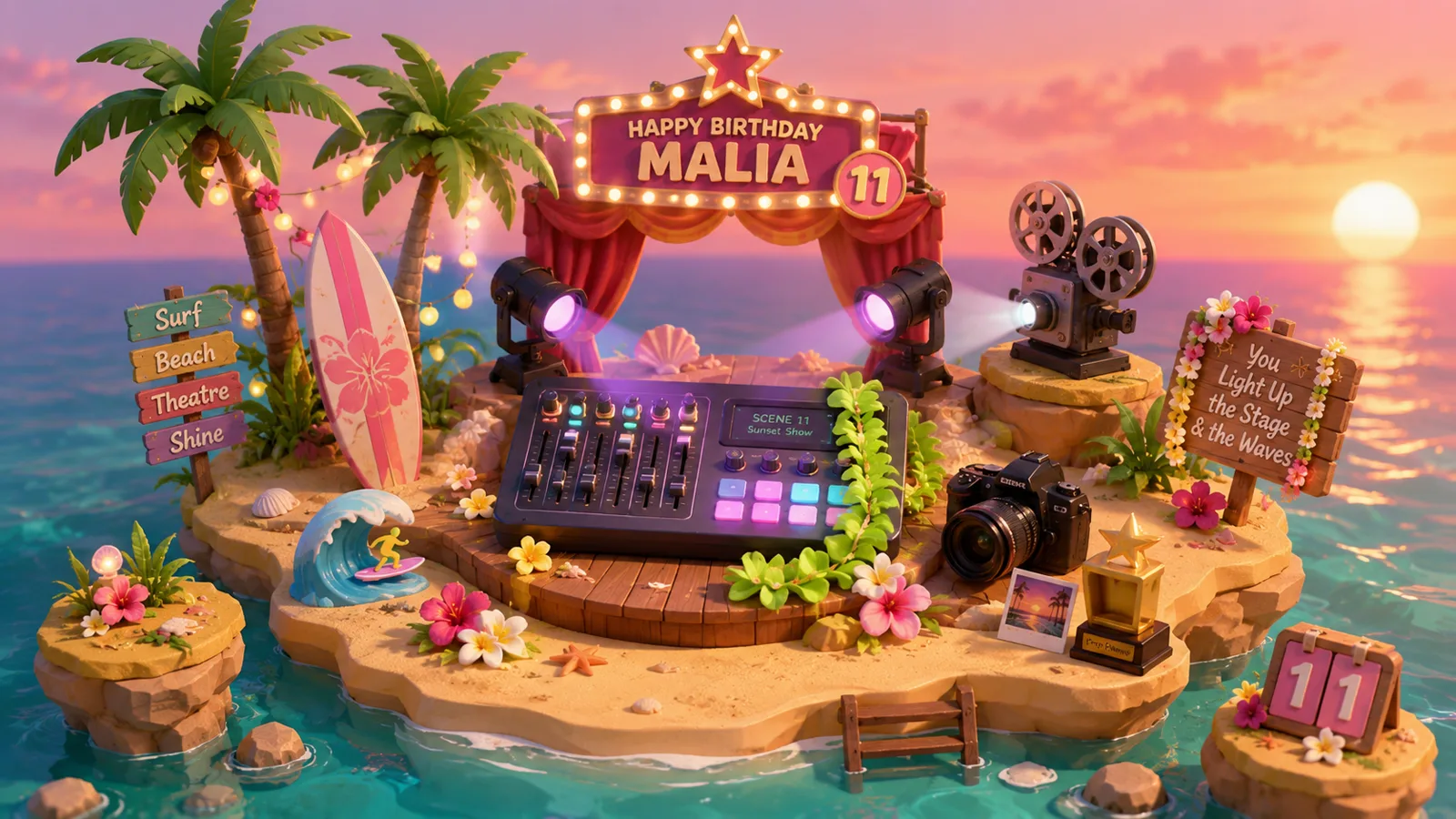 Illustration of Malia's birthday island: a sandy stage with palm trees, a surfboard, a lighting console, spotlights, and a marquee reading Happy Birthday Malia.