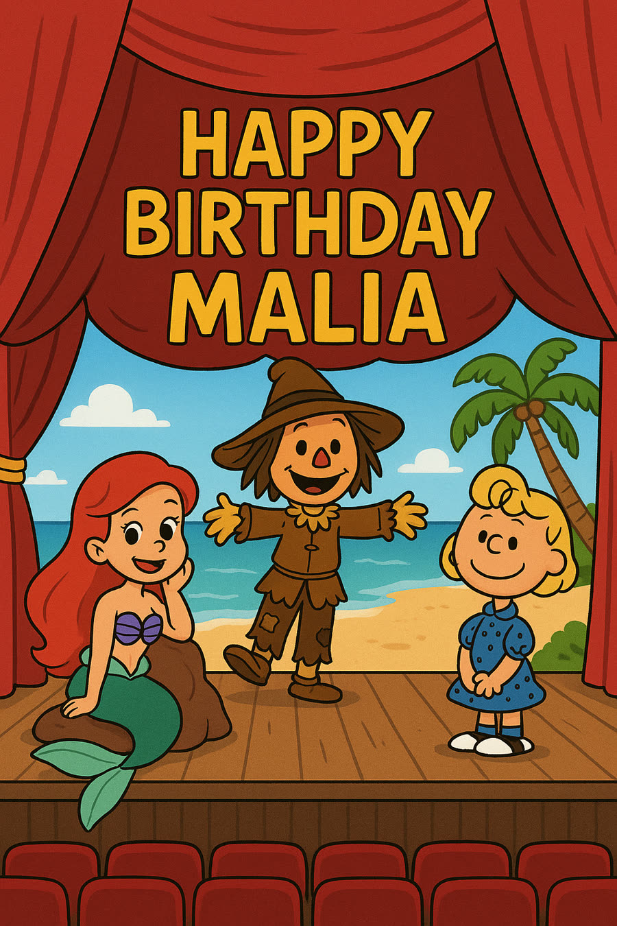 Malia's 10th birthday card: a cartoon theatre stage with red curtains reading Happy Birthday Malia, where a mermaid, a scarecrow, and a girl in a blue polka-dot dress stand on a beach backdrop with a palm tree.